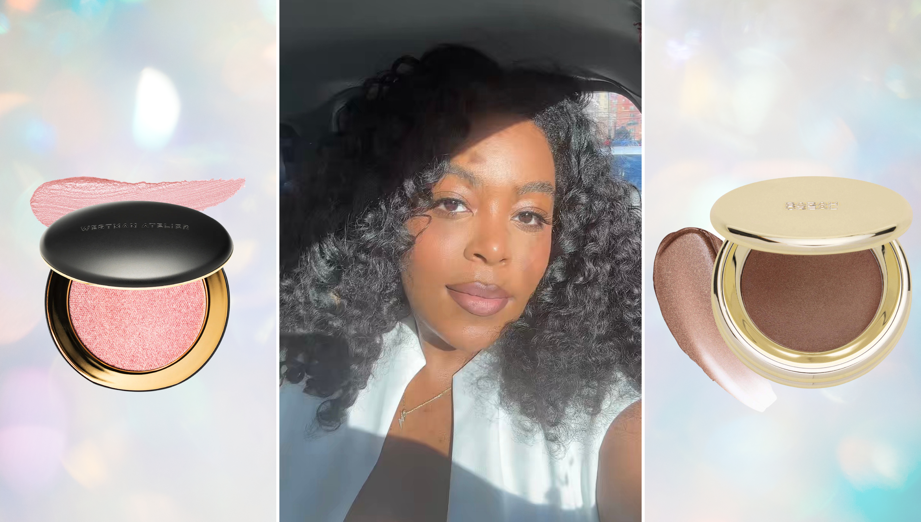 Beauty Writer, Ariel Baker, sharing the best highlighters in her routine with a white dress on and on a shimmer background with two highlighters on either side of her