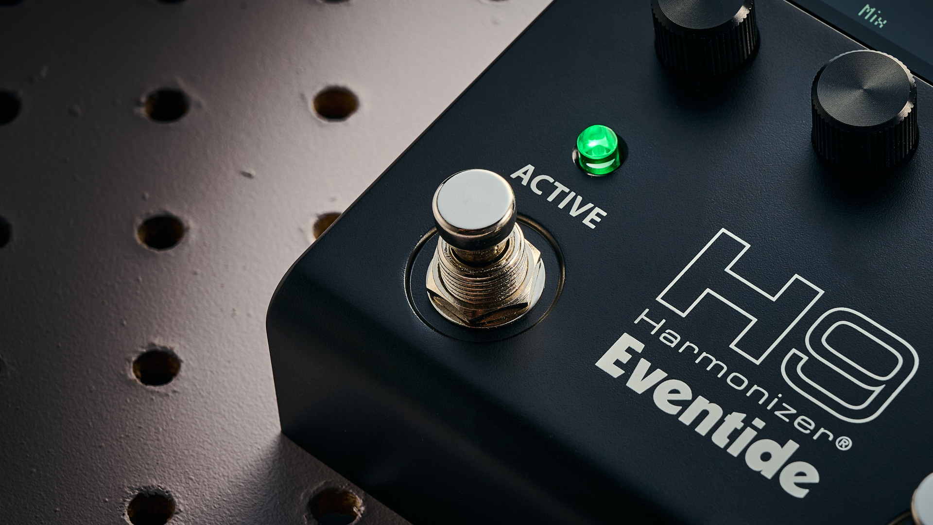 Close up of a footswitch on the Eventide H9 Harmonizer Gen 2 multi-effects pedal