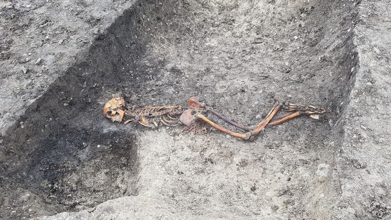 The ancient skeleton of a man, believed to be about 2500 years old, was found face-down with his hands apparently bound in front of him.