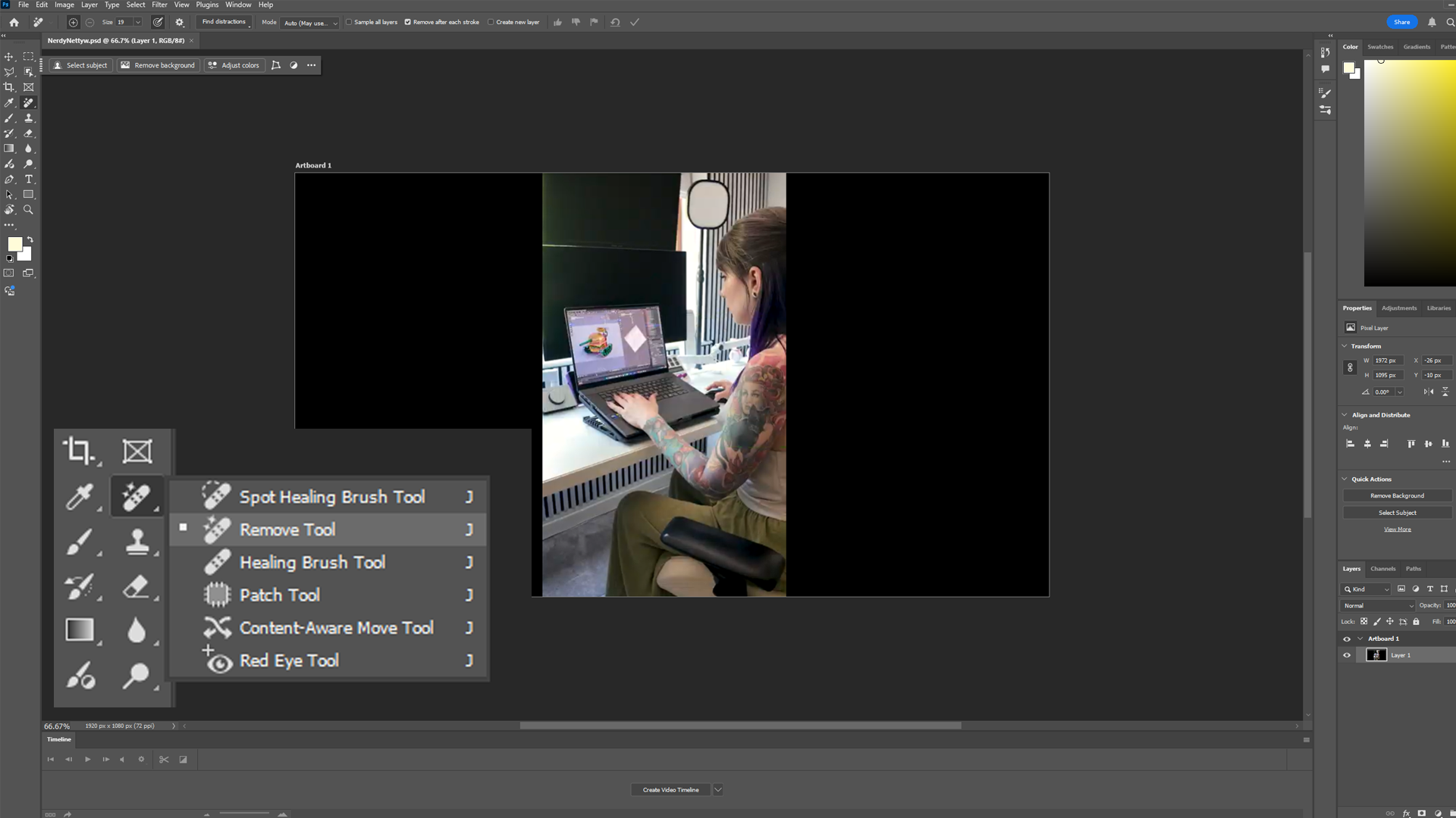 Photoshop UI showing an image of Nerdy Netty using a Nvidia RTX laptop