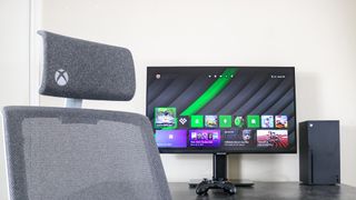 Haworth Very Gaming Chair in front of a desk with an Xbox Series X in the background