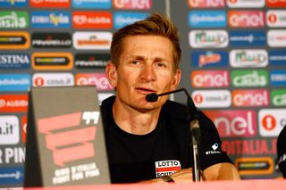 Andre Greipel speaks to the media at the Lotto Soudal press conference ahead of the Giro d'Italia