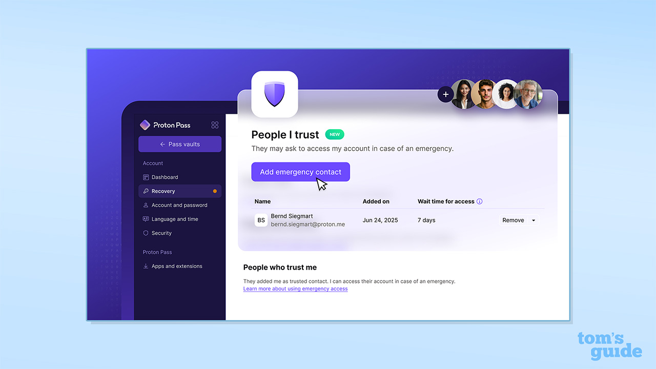 Proton&#039;s Emergency Access feature, demonstrating how to add trusted people to your Proton account