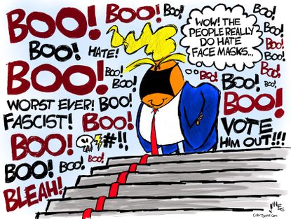 Political Cartoon U.S. Trump covid mask boos