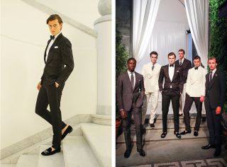 Two images of male models wearing suites by Ralph Lauren.