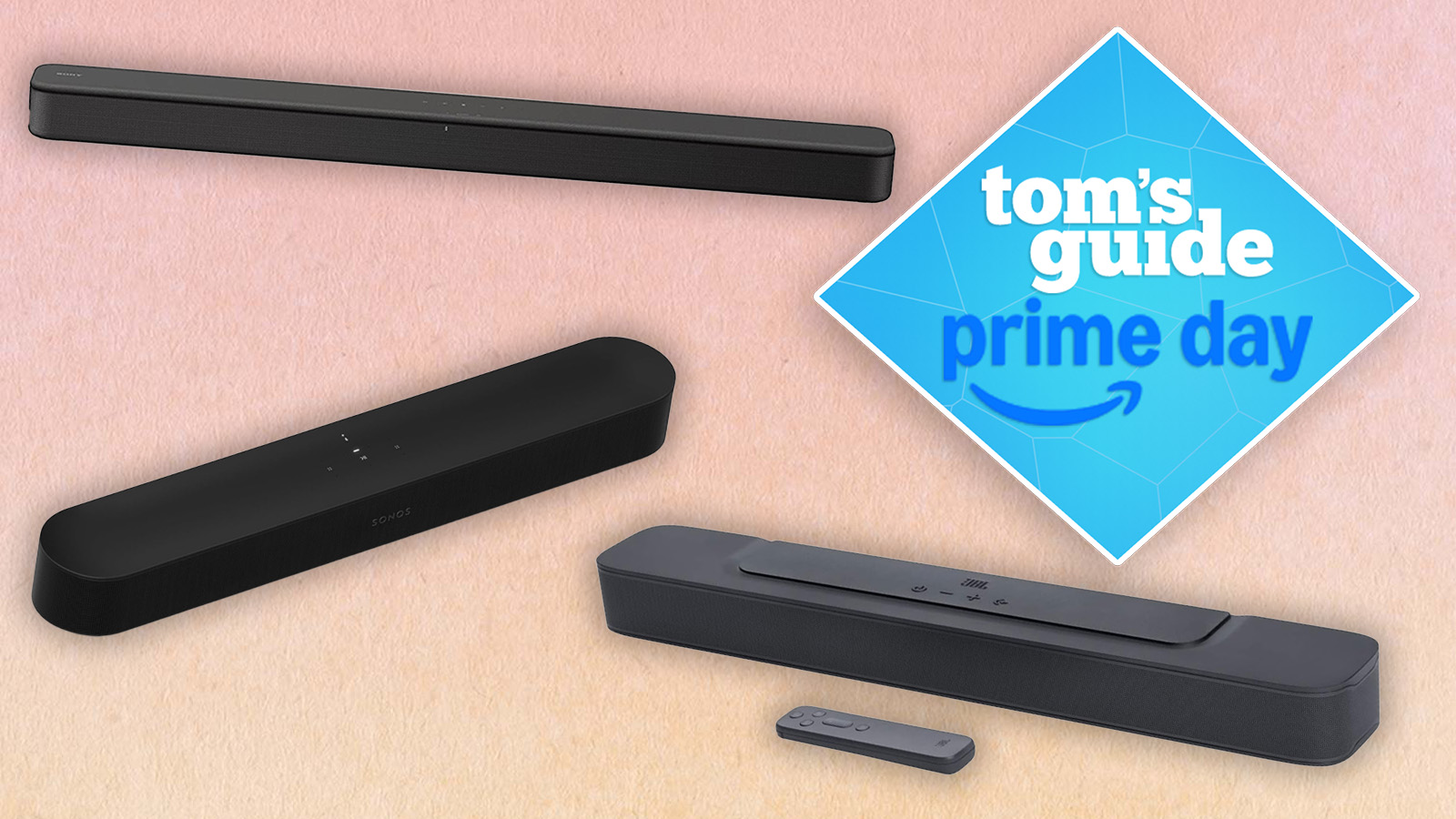 a peach background with a blue diamond tom's guide deal badge showing the sonos beam 2, sony ht-s100f, and jbl bar 2.0
