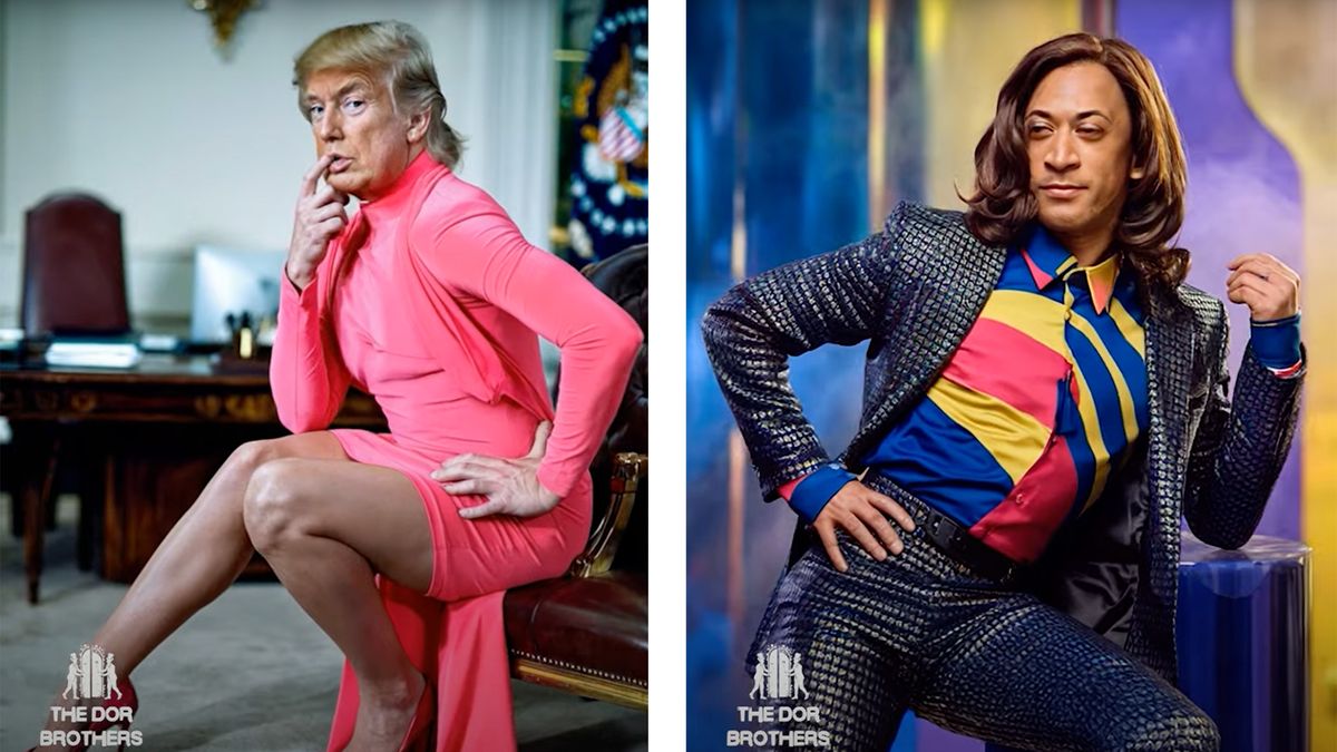 Dor Brothers images of Donald Trump in a dress and Kamala Harris in a Suit