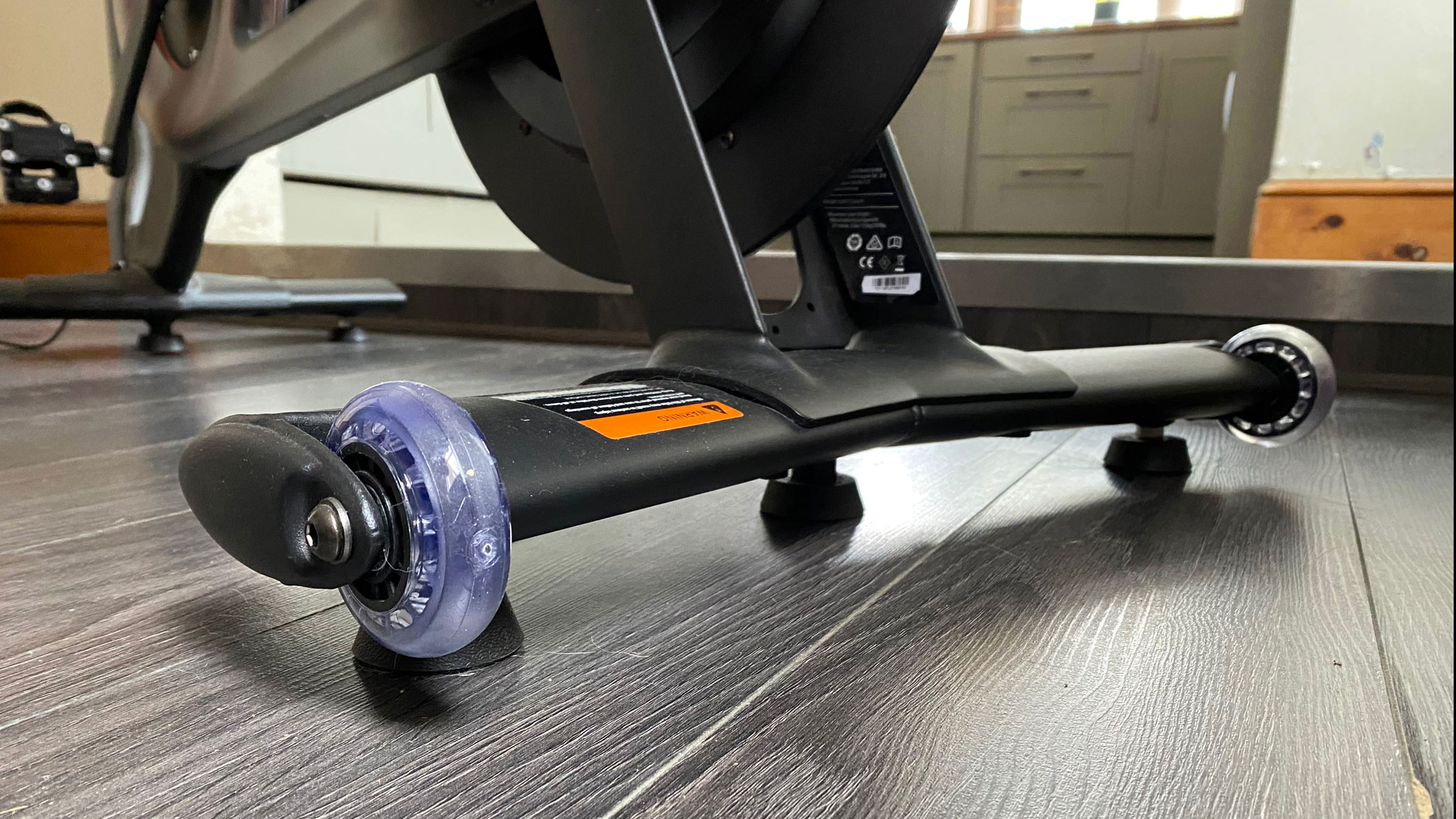 A close-up picture of the wheels on the Peloton bike