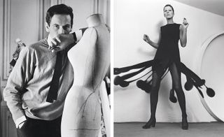 Left, Pierre Cardin in his studio at 118 Rue du Faubourg Saint-Honoré. Right, Kinetic dress in wool, 1970. Courtesy of Archives Pierre Cardin