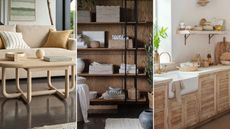 A cream sofa with a light wood coffee table in front of it / A set of built in open shelving with woven baskets on them / a light wood kitchen with white countertops, neutral walls, and a floating shelf. A large white farmhouse sink with a gold tap. 