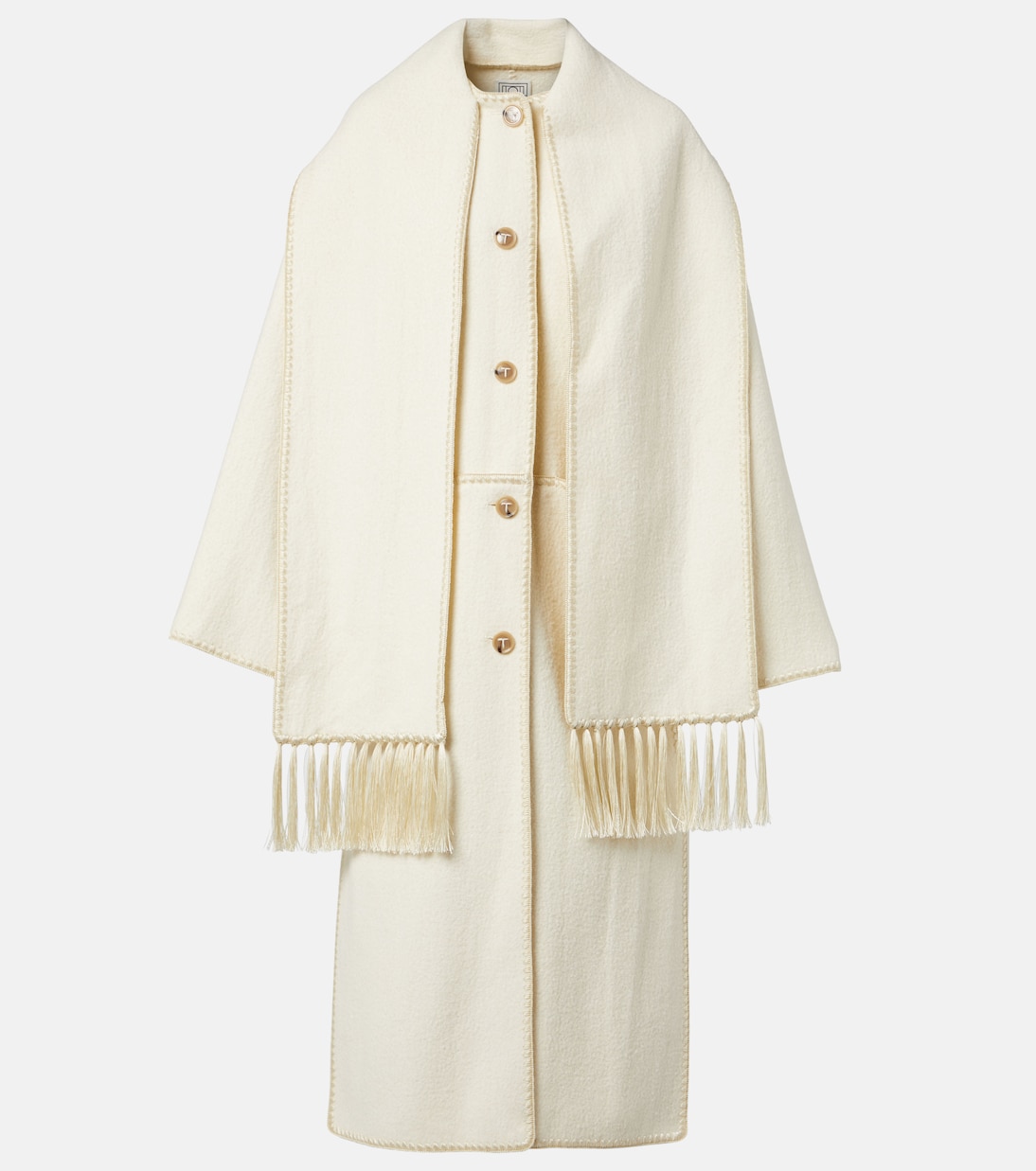 Fringed Embroidered Wool Scarf Coat