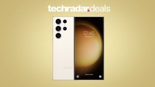 Samsung Galaxy S23 Ultra on yellow background with TechRadar deals text overlay