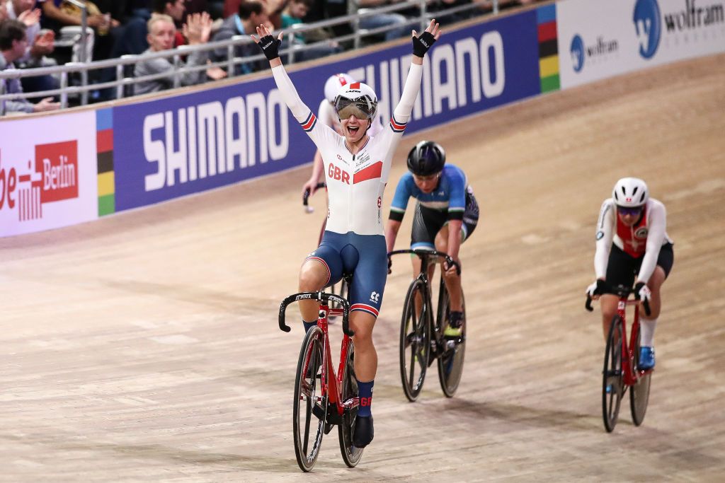 BERLIN GERMANY MARCH 01 Elinor Barker of Great Britain celebrates after winning Womens Points Race during day 5 of the UCI Track Cycling World Championships Berlin at Velodrom on March 01 2020 in Berlin Germany Photo by Maja HitijGetty Images