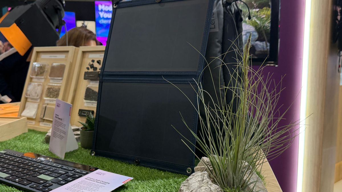 Lenovo showcasing additional solar charge panels for its solar charging laptop concept at MWC 2025, Barcelona, Spain.