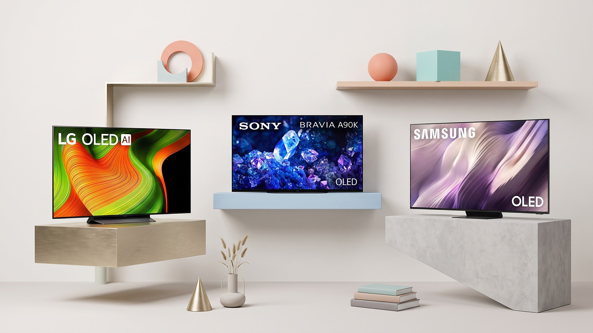 A selection of LG, Samsung, and Sony TVs in a pale room