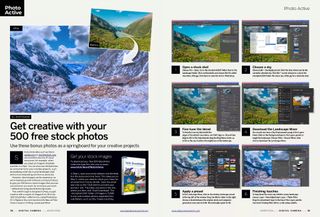Image of two-page Photoshop tutorial showing sky replacement techniques for the 500 bonus stock images included in Digital Camera magazine March 2024