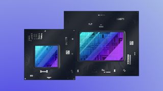 Two Intel Arc series 1 GPUs against a coloured background