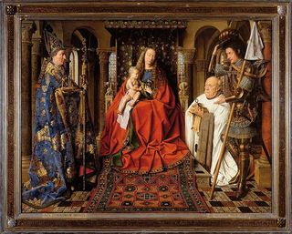 A 1434 painting by Jan van Eyck called 'Virgin and Child with Canon van der Paele,' a renowned example of Oriental carpets in Renaissance painting.