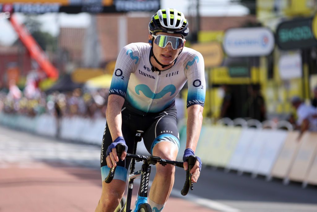 BELLEVILLEENBEAUJOLAIS FRANCE JULY 13 Matteo Jorgenson of USA and Movistar Team crosses the finish line of stage twelve of the 110th Tour de France 2023 a 1688km stage from Roanne to BellevilleenBeaujolais UCIWT on July 13 2023 in BellevilleenBeaujolais France Photo by Jean CatuffeGetty Images