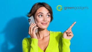 Woman holding an iPhone and pointing at the Green Gadgets logo against a blue background