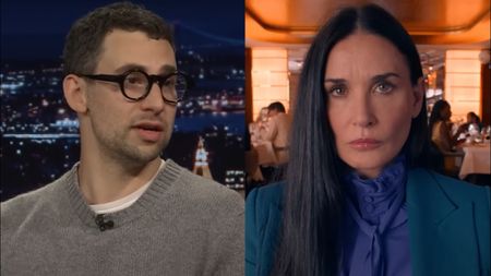 Jack Antonoff pictured speaking on The Tonight Show with Jimmy Fallon, shown next to a stone faced Demi Moore sitting in a scene from The Substance.