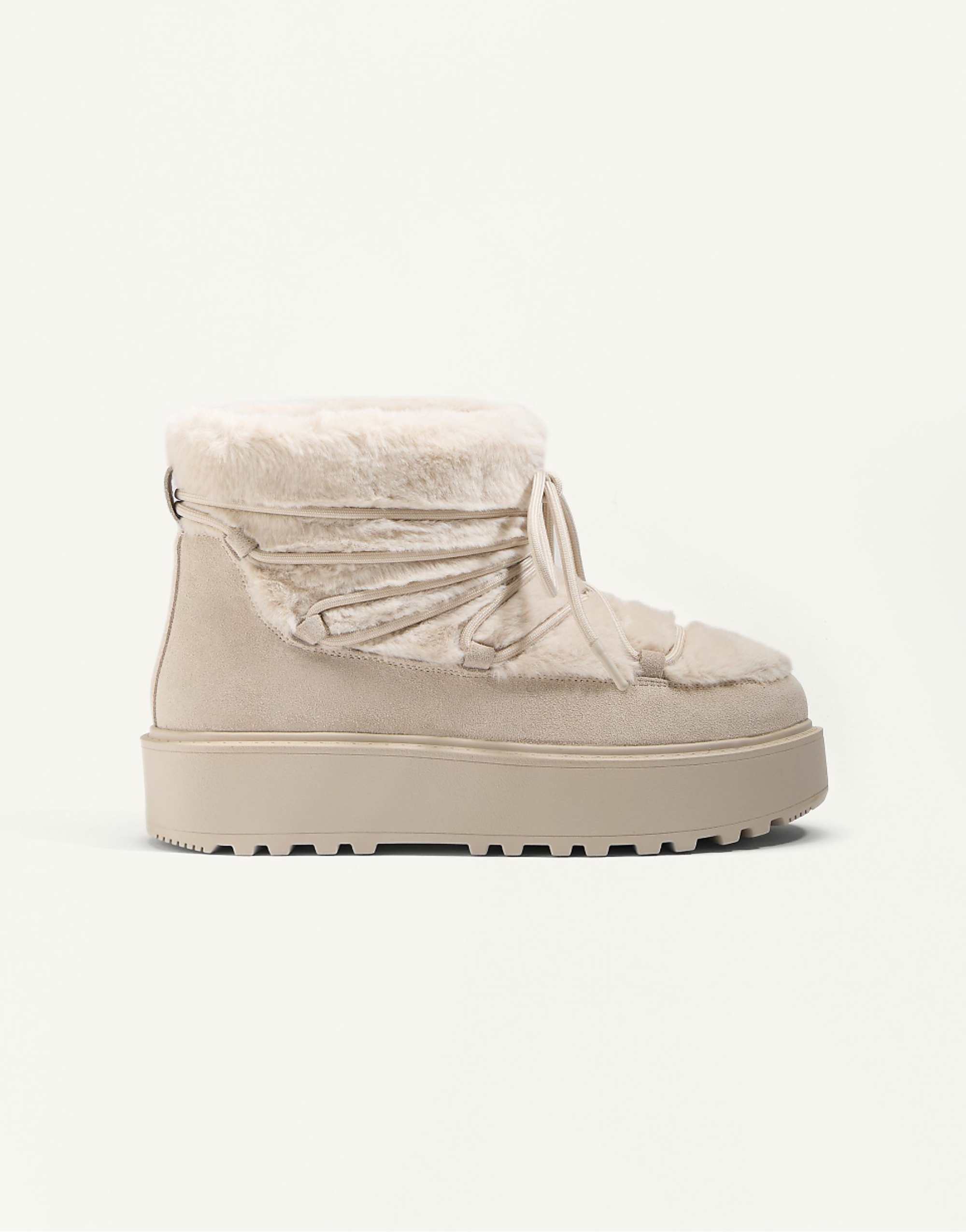 Oysho Faux-Fur and Split-Leather Lace-Up Boots in Beige