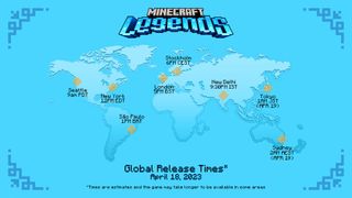 Minecraft Legends launch times around the world correlating to 9am PDT, April 18 2023