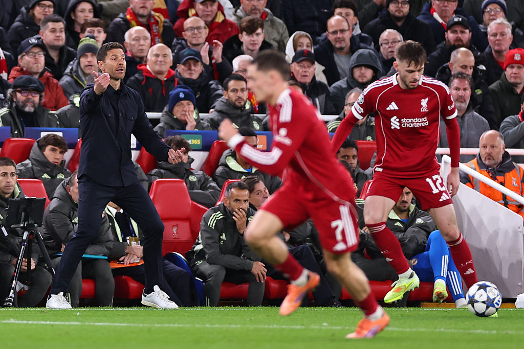Xabi Alonso the Manager/Head coach of Real Madrid gestures during the UEFA Champions League 2025/26 League Phase MD4 match between Liverpool FC and Real Madrid C.F. at Anfield on November 4, 2025 in Liverpool, England.