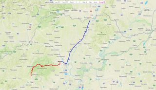 Image shows the route on day 2 from Eger to Hidasnémeti