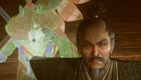 Nioh 3: A close-up of Magyu Munenori looking up with a concerned expression, as his Guardian Spirit also looks upwards from under their hat in the background.