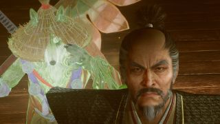 Nioh 3: A close-up of Magyu Munenori looking up with a concerned expression, as his Guardian Spirit also looks upwards from under their hat in the background.