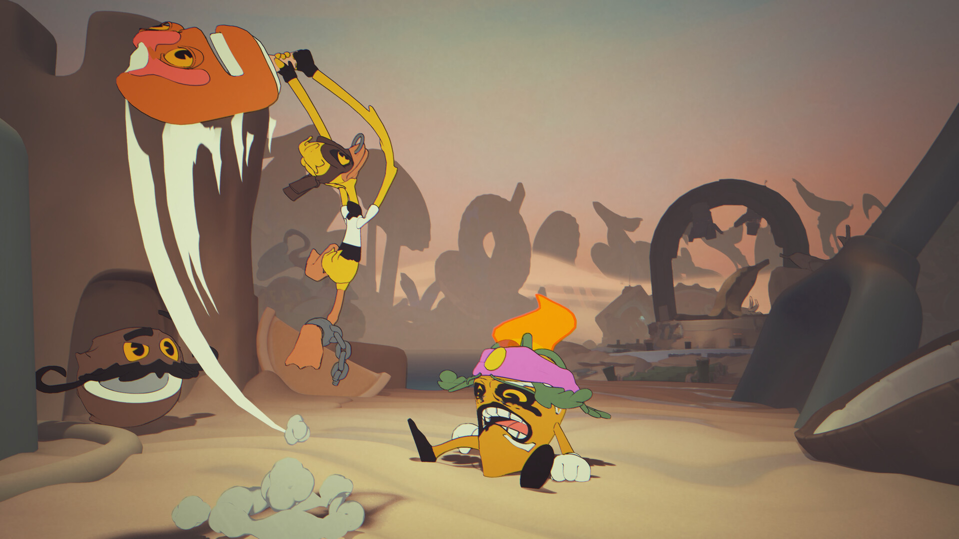 Into the Unwell promotional screenshot of a duck in a brown eye mask and striped shirt raising a giant icecream over a collapsed enemy's head
