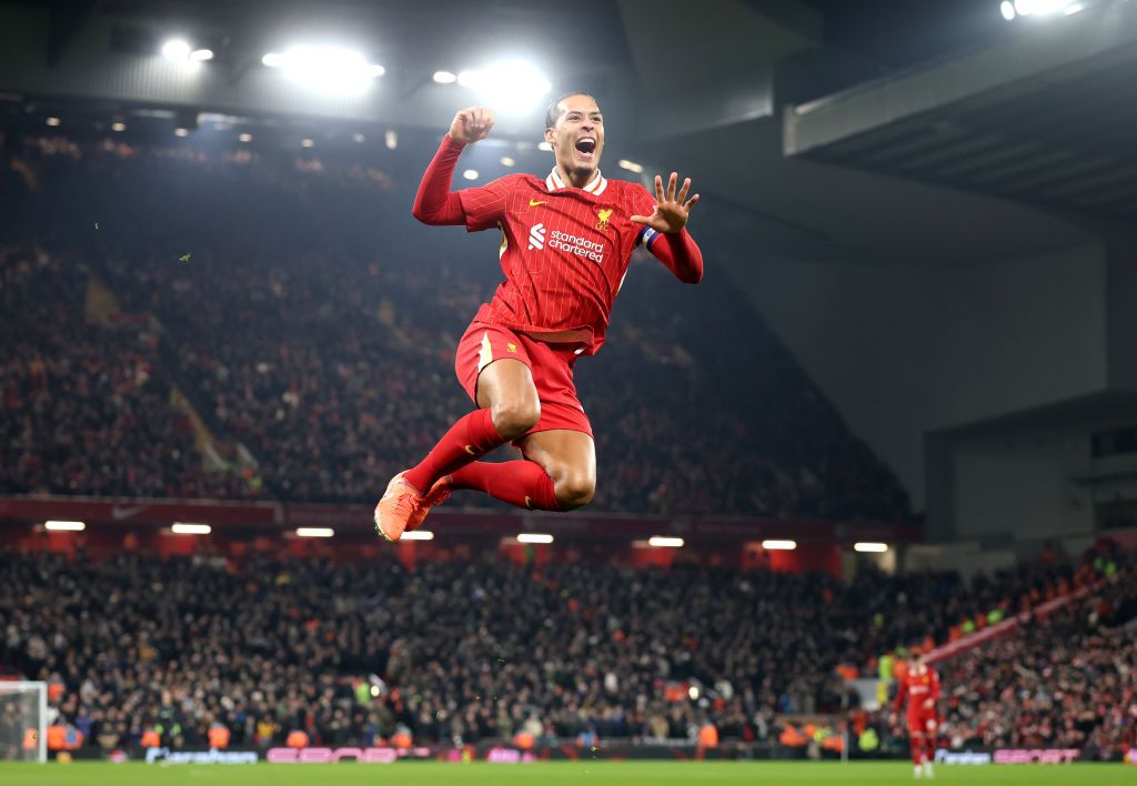 Virgil van Dijk of Liverpool celebrates scoring his team&#039;s fourth goal during the Carabao Cup Semi Final Second Leg match between Liverpool and Tottenham Hotspur at Anfield on February 06, 2025 in Liverpool, England.