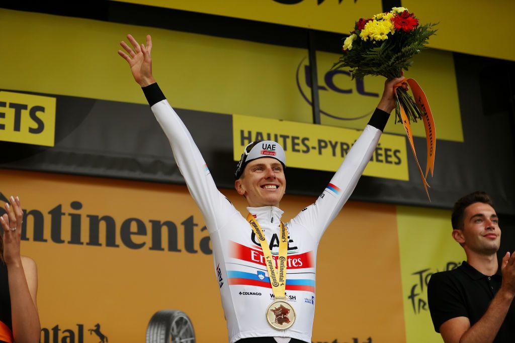 CAUTERETSCAMBASQUE FRANCE JULY 06 Tadej Pogacar of Slovenia and UAE Team Emirates celebrates at podium as stage winner during the stage six of the 110th Tour de France 2023 a 1449km stage from Tarbes to CauteretsCambasque 1355m UCIWT on July 06 2023 in CauteretsCambasque France Photo by Michael SteeleGetty Images