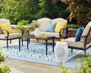 Best outdoor furniture from Home Depot conversation set with yellow and blue images