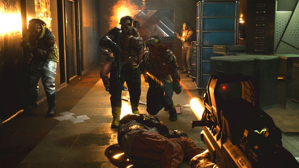 Cyberpunk 2077 combat screenshots stare down a hallway full of cyber ...