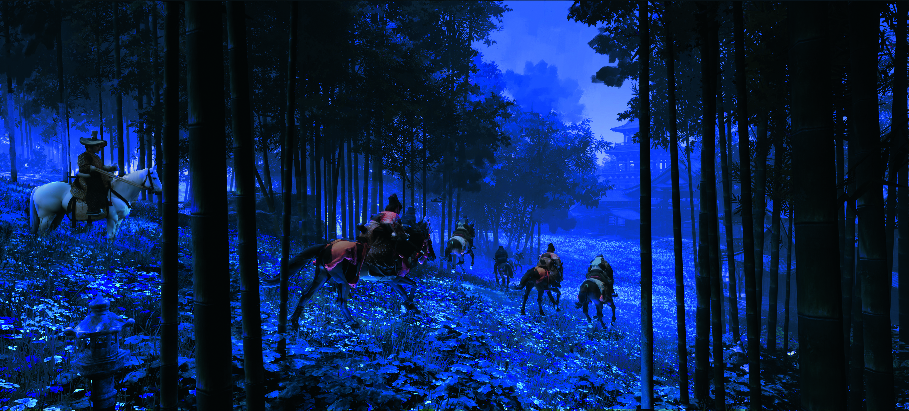 Digital art showing riders in a dark forest