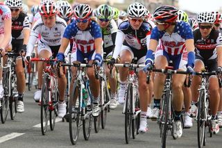 Cath Carroll and Carmen Small (USA) at the front of the bunch.