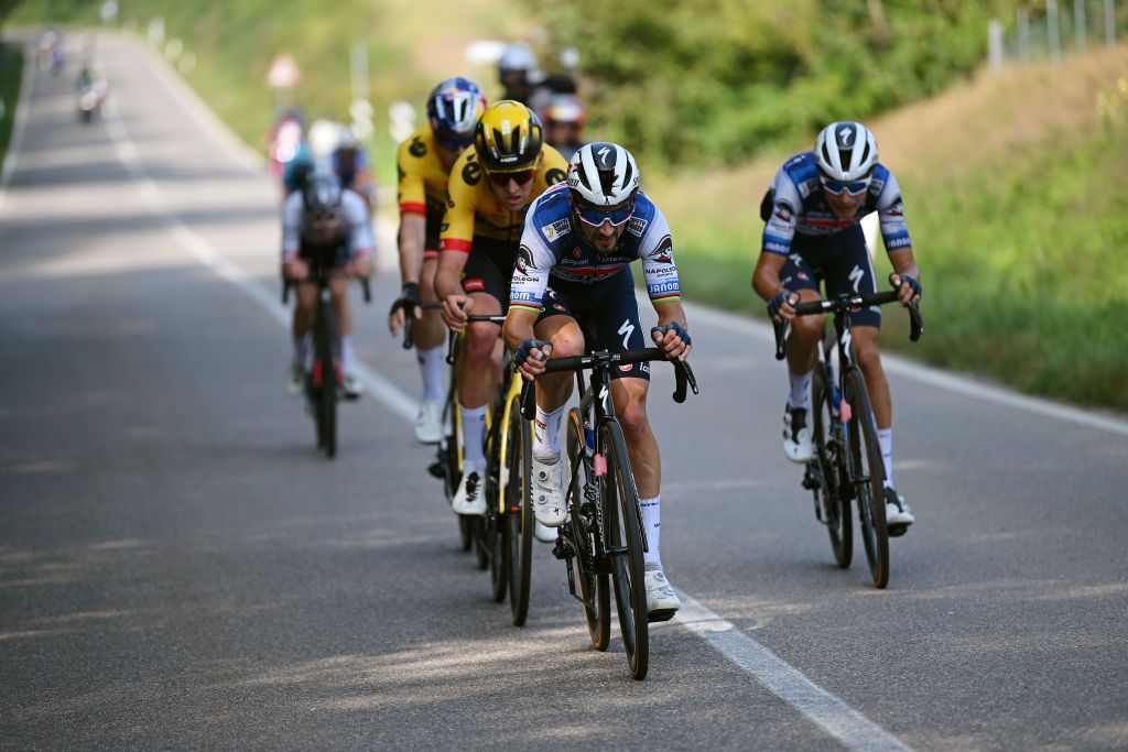 LEGNANO ITALY OCTOBER 02 Julian Alaphilippe of France and Team Soudal Quick Step competes in the breakaway during the 104th Coppa Bernocchi GP Banco BPM a 18665km one day race from Parabiago to Legnano on October 02 2023 in Legnano Italy Photo by Dario BelingheriGetty Images