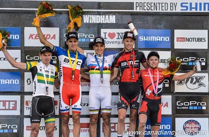 Elite men's podium at the Windham, NY World Cup: Daniel McConnell, Julien Absalon, Nino Schurter, Lukas Fl&uuml;ckiger, Mathias Fl&uuml;ckiger