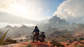 Still from the video game Star Wars Outlaws. Here we see the main character Kay Ves sitting on a speeder bike overlooking a beautiful savannah desert with her little companion Nix perched on the back. Kay has shoulder length, shaggy brown hair, she is wearing a blue cropped jacket, white shirt, brown trousers and brown belt. Nix is a small creature the size of a cat, with 2 eyes, 4 head tails, and sleek fur.