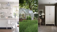 A white kitchen with open shelving / A glass greenhouse in a green garden / A white standalone closet in a grey bedroom 