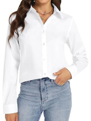 J.VER, J.ver Women's Button Down Shirts Long Sleeve Cotton Solid Work Blouses for Business Office Dating White Large