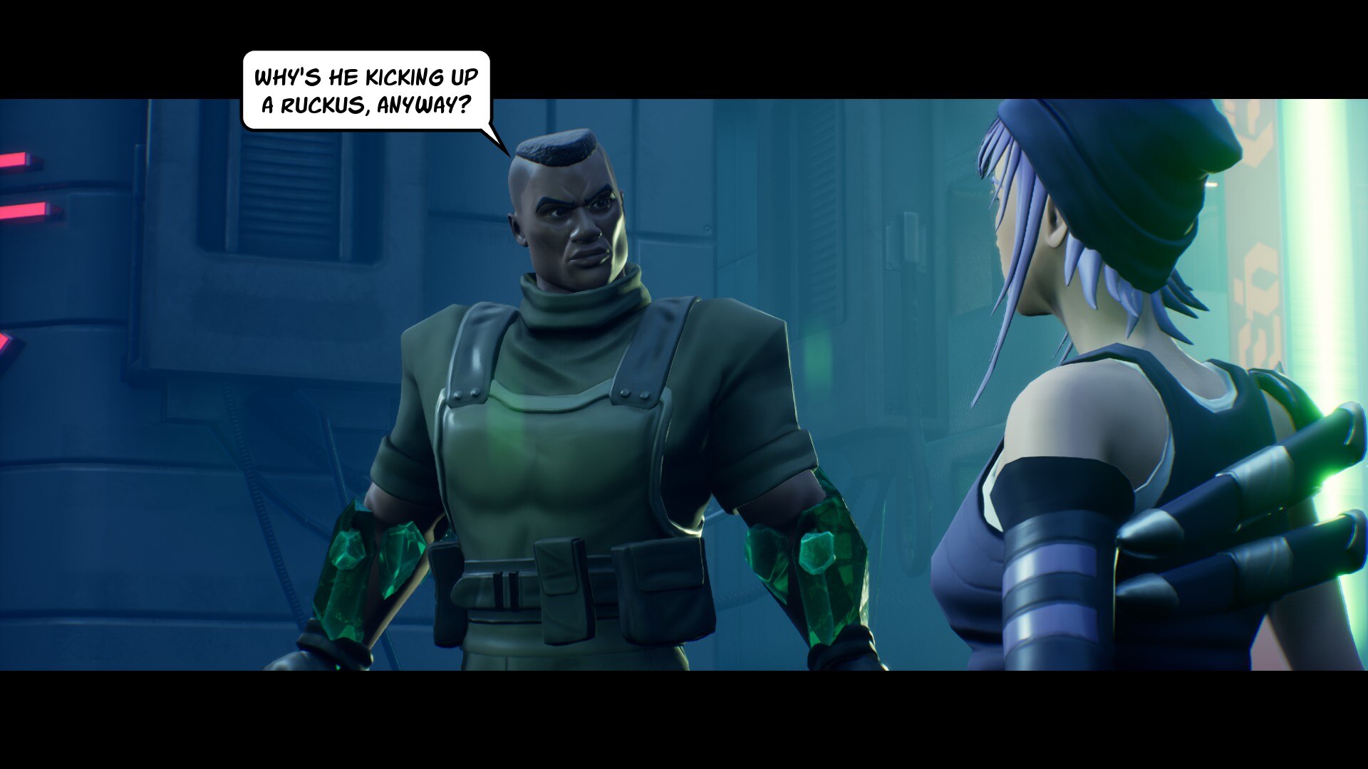Facet and Rebound talking during a cutscene in Capes.