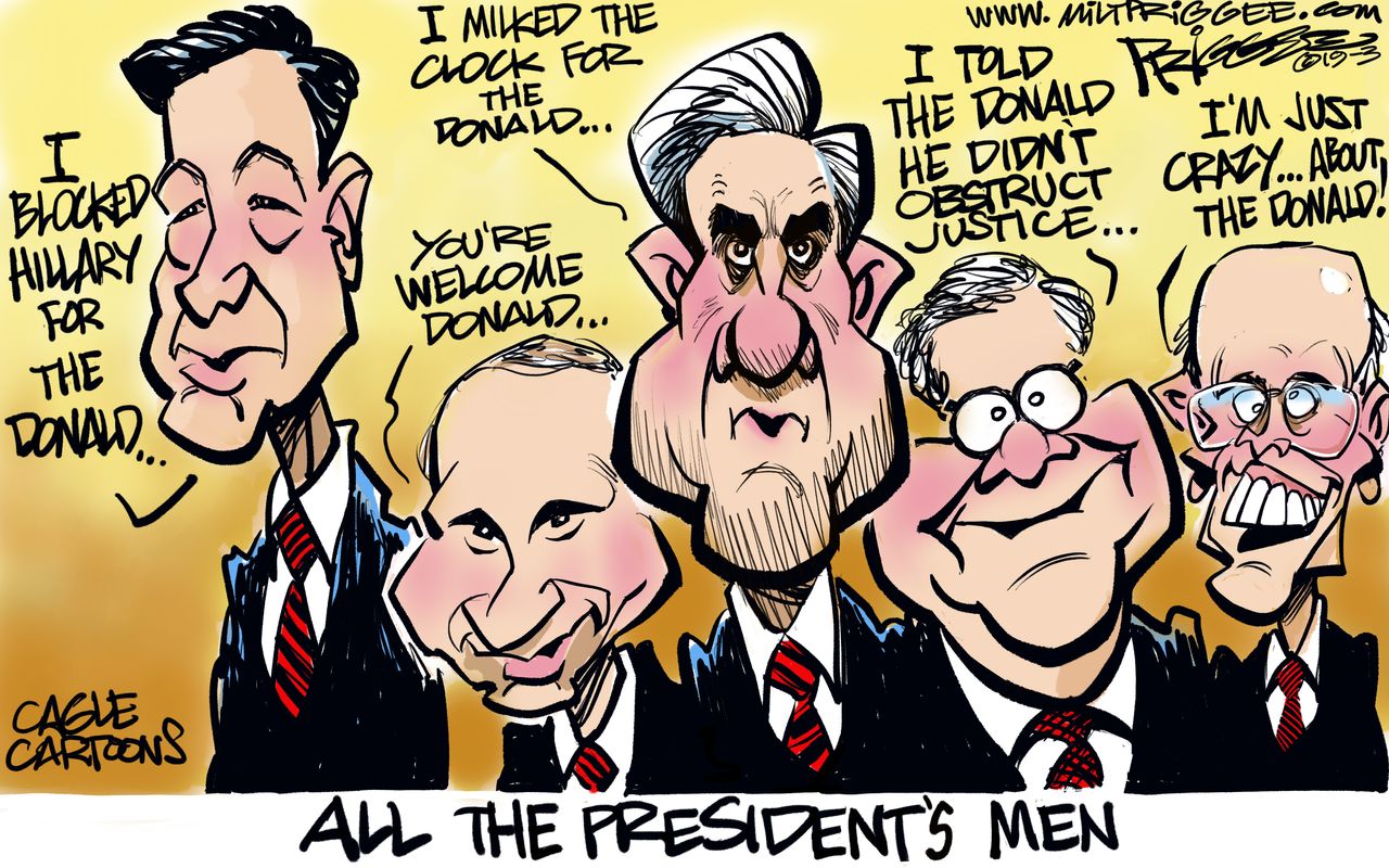 Political Cartoon U.S. Trump Mueller Barr Putin All the Presidents men