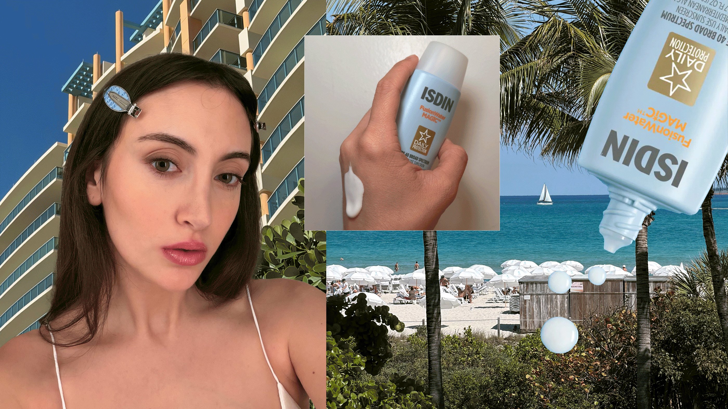 A collage of images and videos taken by Who What Wear associate beauty editor Alyssa Brascia wearing and showing the Isdin Fusion Water Magic sunscreen.