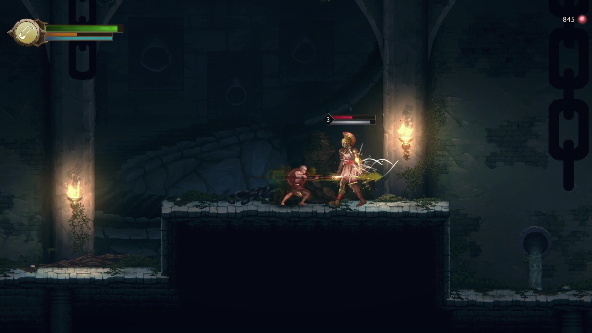 Below Sparta in The Great Cistern, Kratos stabs at an oncoming automaton warrior in God of War: Sons of Sparta