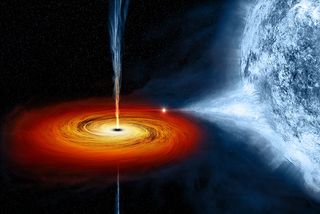 This artist's conception of Cygnus X-1 shows the black hole drawing material from companion star (right) into a hot, swirling disk.