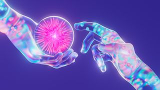 a psychedelic-style illustration of two hands touching while holding an abstract orb