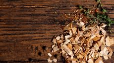 An example of the best wood for smoking, oak wood chips with herbs ready to smoke